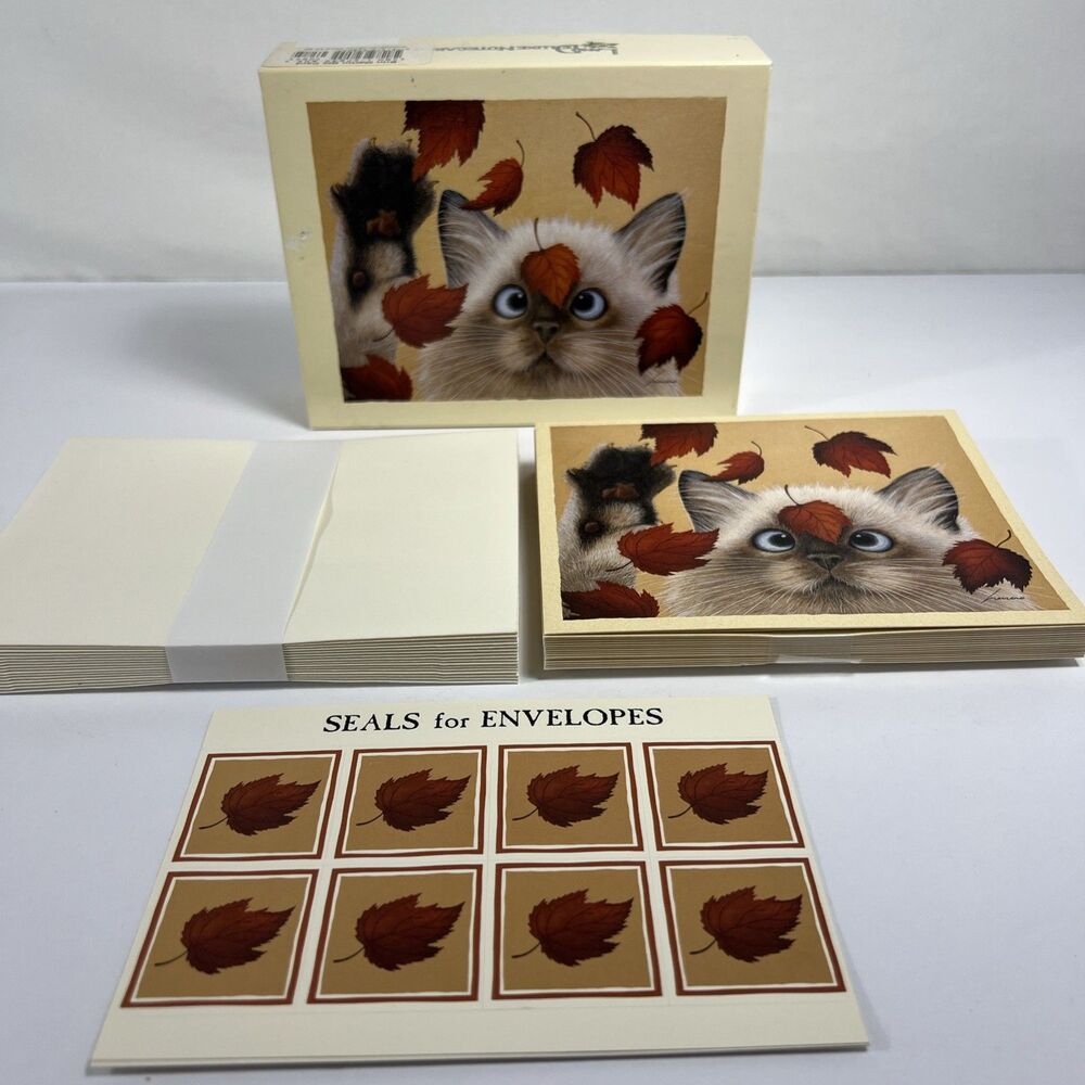 Lang De Luxe Notecards - Boxed - Linen Embossed - NIB - Fall Cat Kitten - DeLuxe